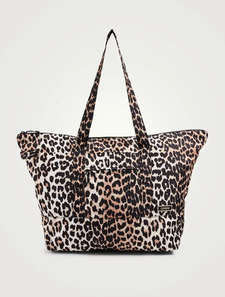 Recycled Tech Fabric Packable Tote Bag In Leopard Print