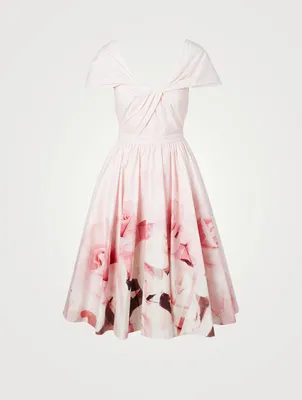Cotton Knot Cap-Sleeve Midi Dress Rose Print