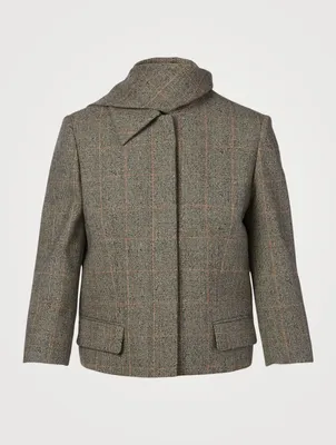 Wool Stretch Scarf-Neck Jacket Prince of Wales Print