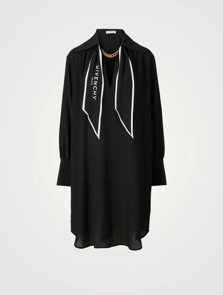 Silk Crepe de Chine Shirt Dress With Logo Scarf