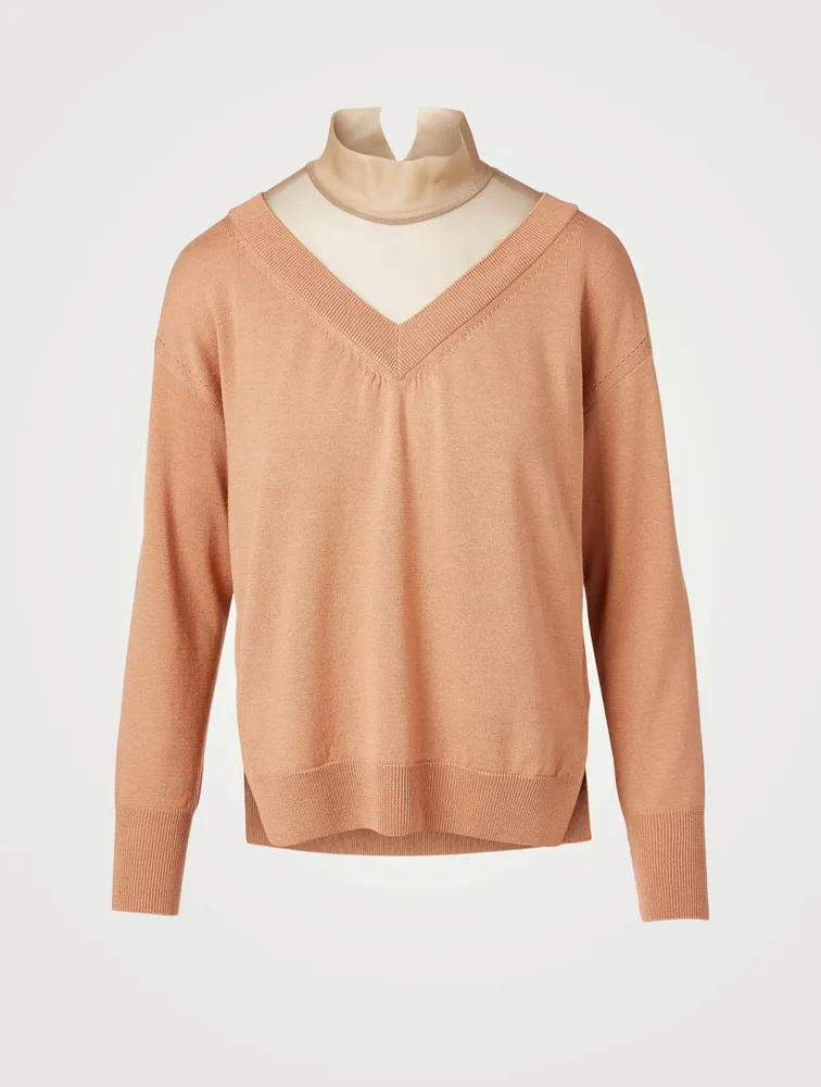 Tulle-Turtleneck Layered Wool-Blend V-Neck Sweater