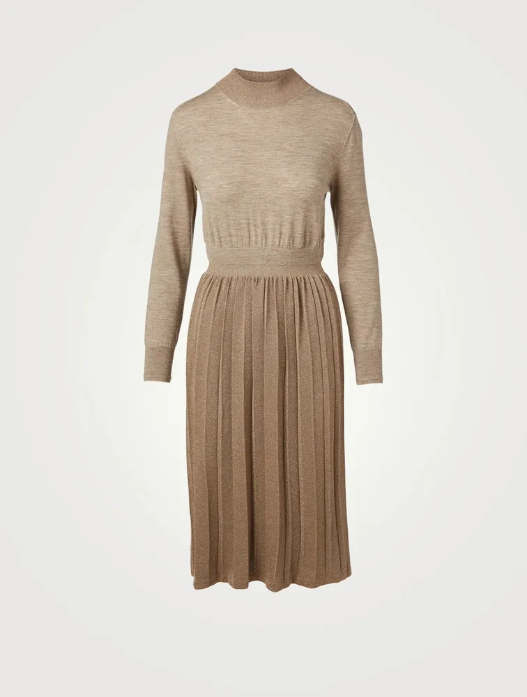 Metallic Pleated Wool-Blend Knit Long-Sleeve Midi Dress