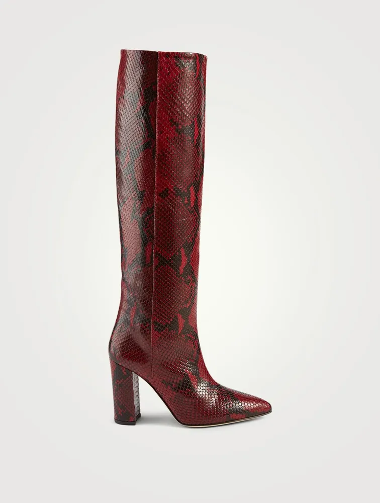 Leather Heeled Knee-High Boots Python Print