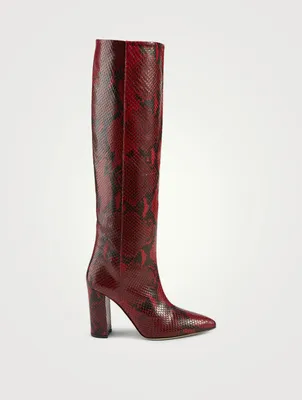 Leather Heeled Knee-High Boots Python Print