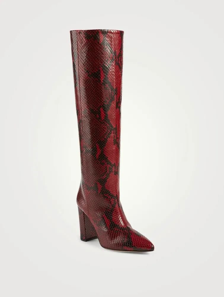 Leather Heeled Knee-High Boots Python Print