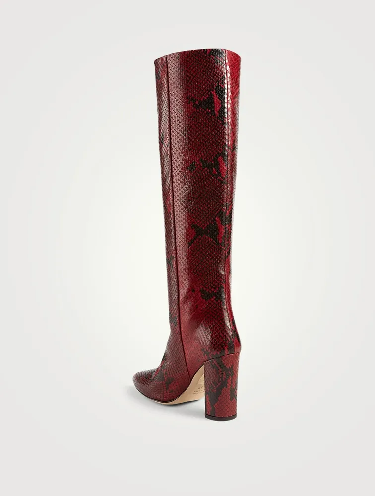 Leather Heeled Knee-High Boots Python Print