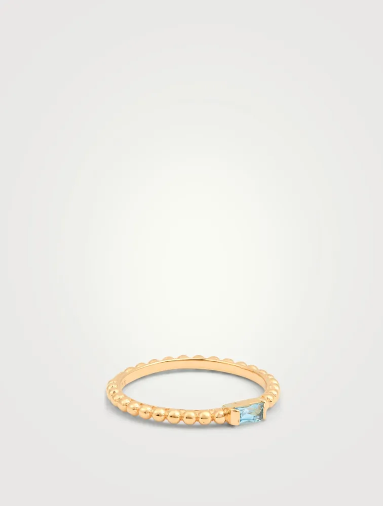 Dew Drop 14K Gold Baguette Stackable Ring With Blue Topaz