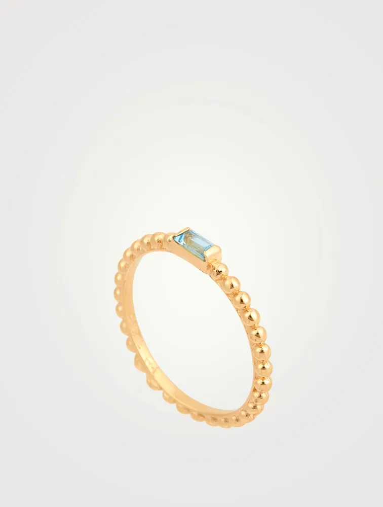 Dew Drop 14K Gold Baguette Stackable Ring With Blue Topaz