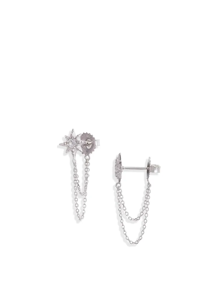Micro Aztec Silver Starburst Chain Earrings With White Topaz