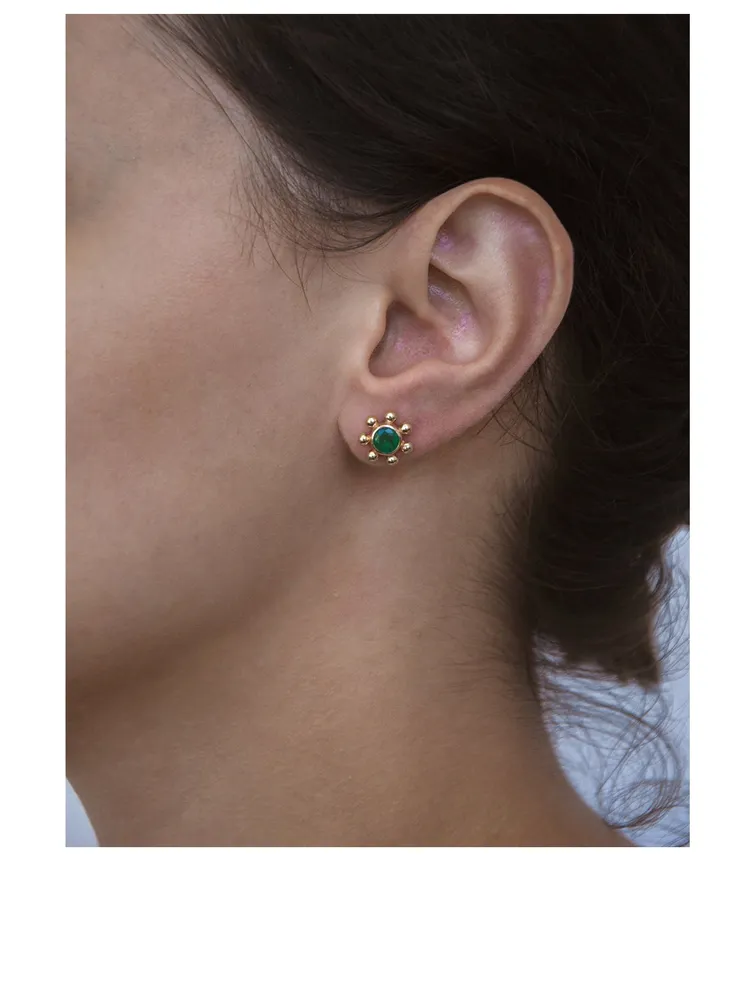 Mini Dew Drop Gold Marine Stud Earrings With Emerald