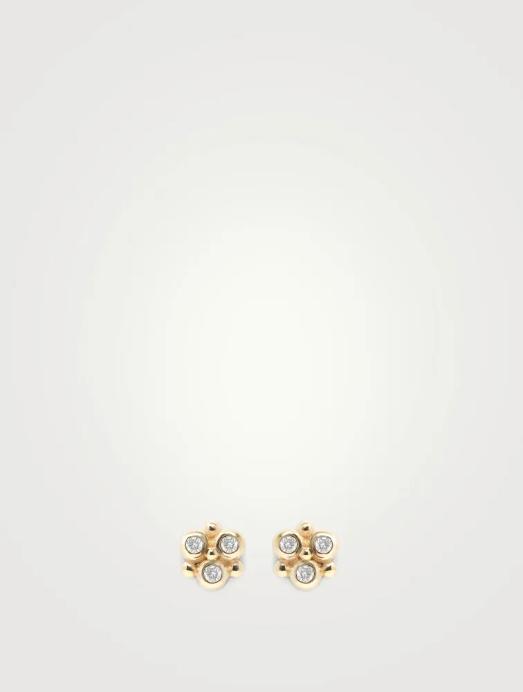 Dew Drop Gold Mini Fleur Earrings With Diamonds