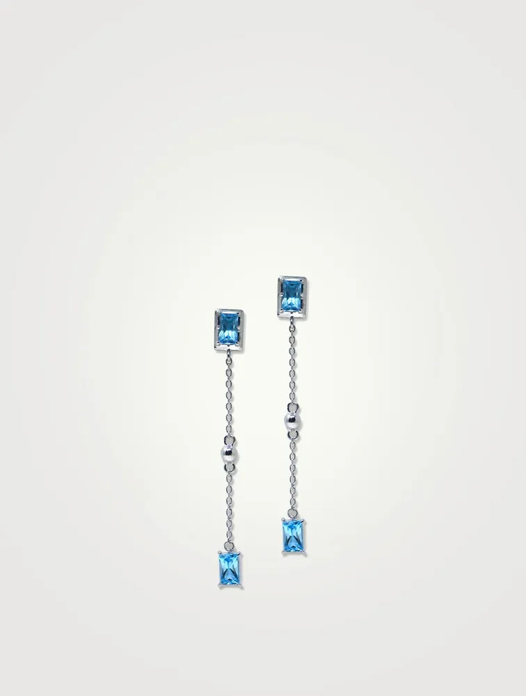 Dew Drop Silver Carré Linear Earrings With Blue Topaz