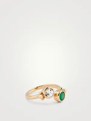Dew Drop 14K Gold Marine Crossover Ring With Emerald And White Topaz