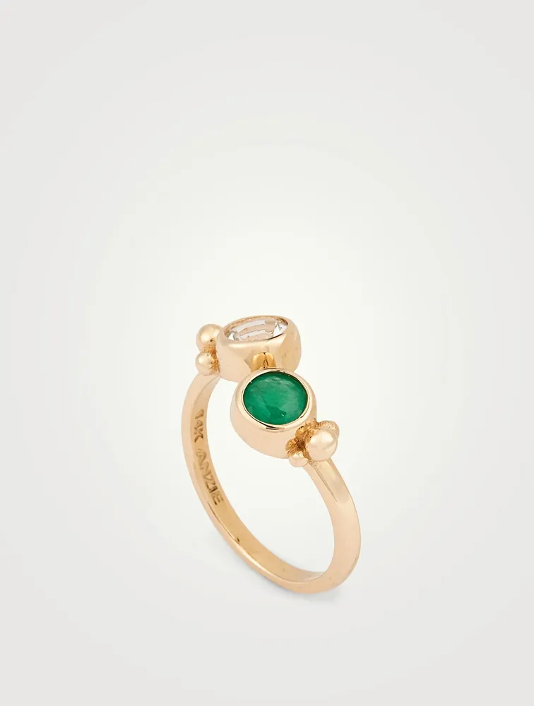 Dew Drop 14K Gold Marine Crossover Ring With Emerald And White Topaz