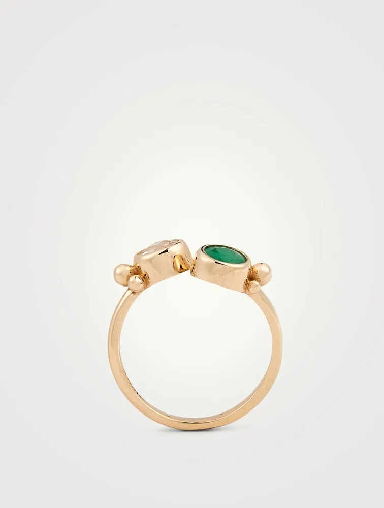 Dew Drop 14K Gold Marine Crossover Ring With Emerald And White Topaz