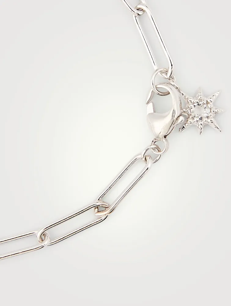 Starburst Silver Paper Clip Chain Bracelet With White Topaz
