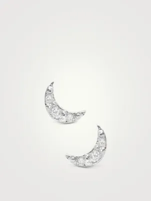 Mini Aztec Silver Crescent Moon Stud Earrings With White Sapphire