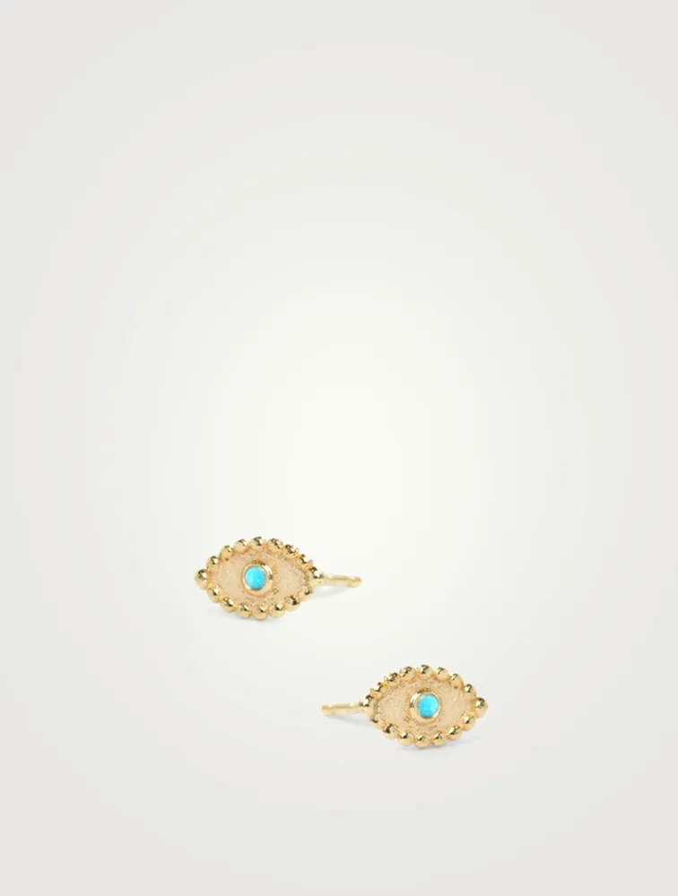 Dew Drop Gold Evil Eye Stud Earrings With Sleeping Beauty Turquoise