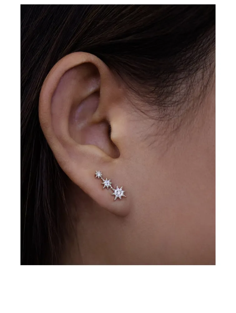 Aztec Silver North Star Trio Stud Earrings With White Sapphire