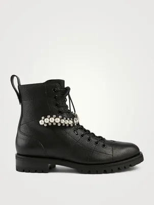 Cruz Leather Combat Boots With Crystal Detail