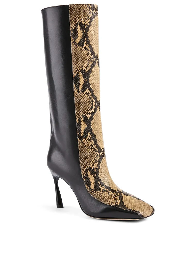 Mabyn 85 Leather Heeled Knee-High Boots Snakeskin Print