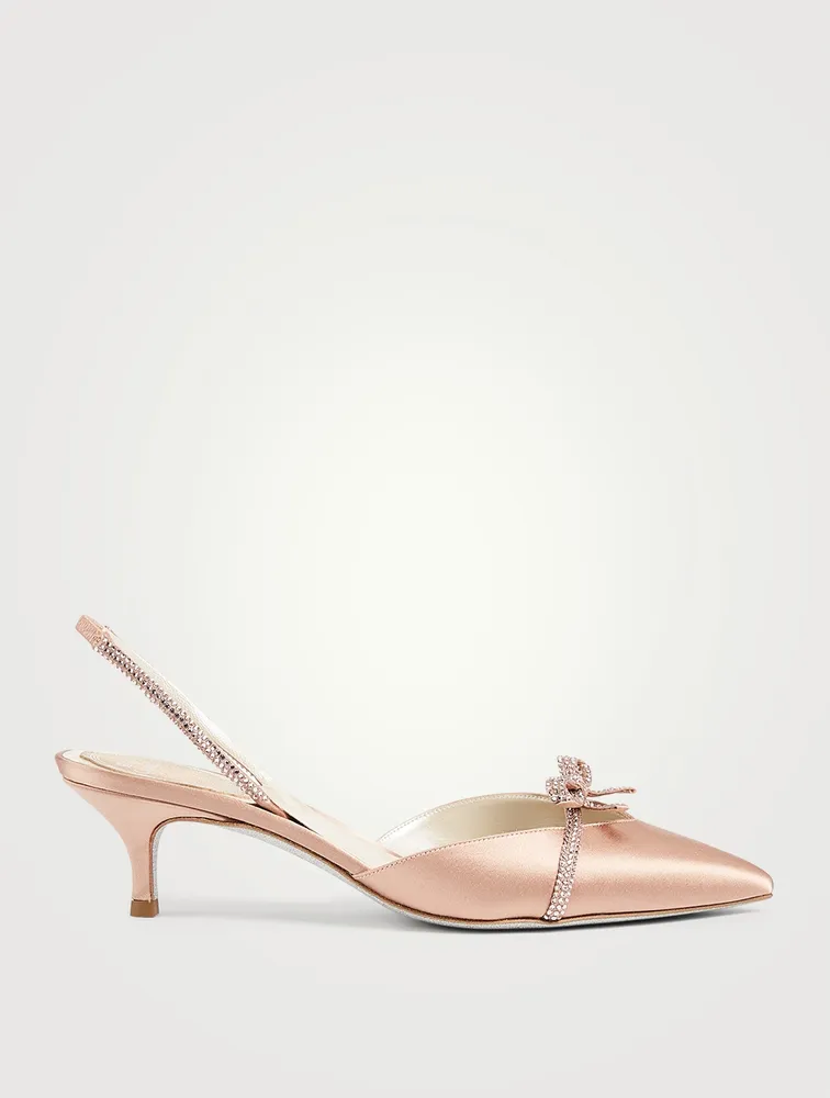 Satin Slingback Pumps With Crystal Bow