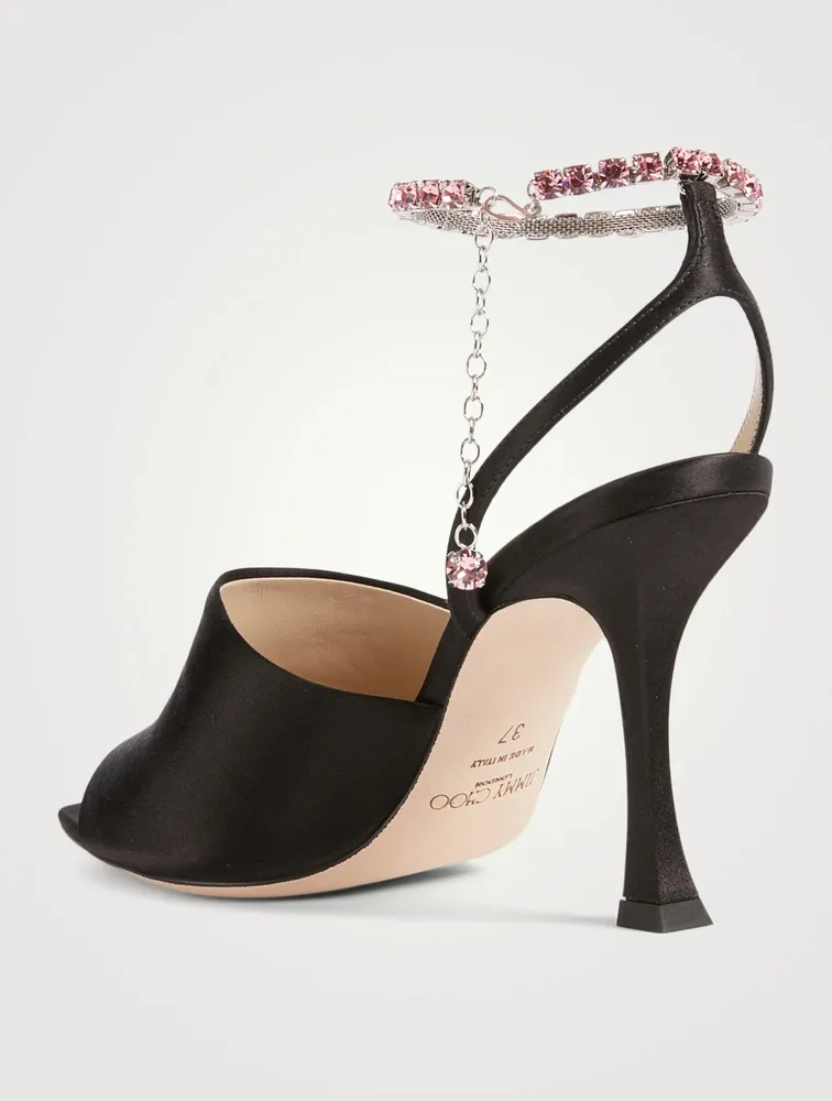 Sae 90 Satin Heeled Sandals With Crystal Chain