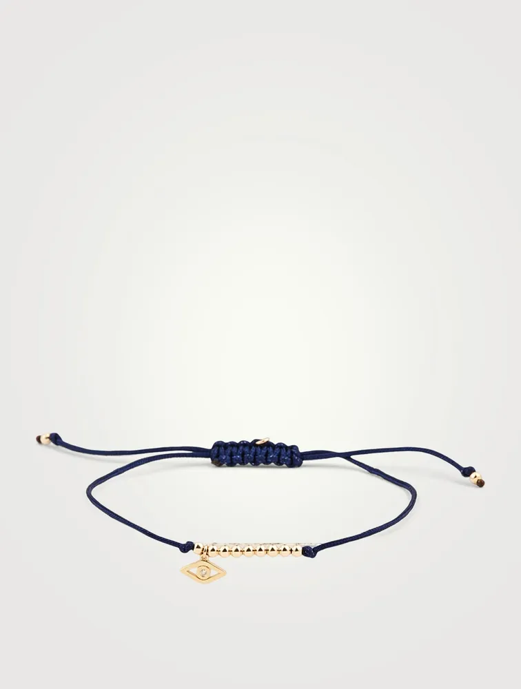 Cord Bracelet With 14K Gold Beads & Diamond Evil Eye Charm