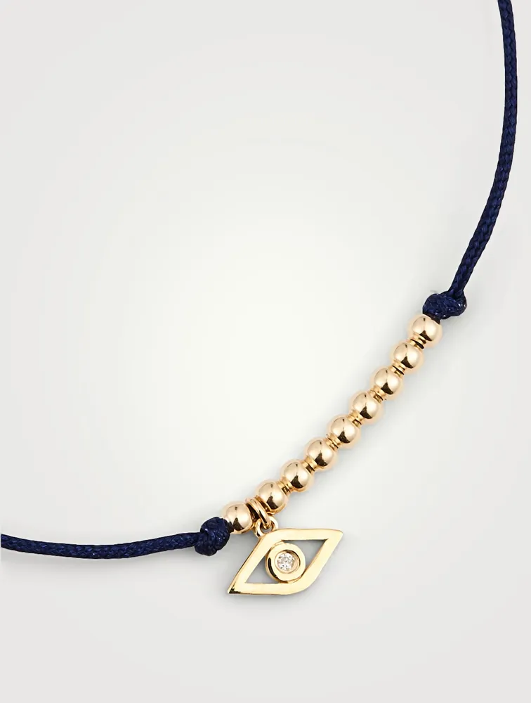 Cord Bracelet With 14K Gold Beads & Diamond Evil Eye Charm