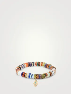 Rainbow Heishi Beaded Bracelet With Diamond & Turquoise Hamsa Hand Charm