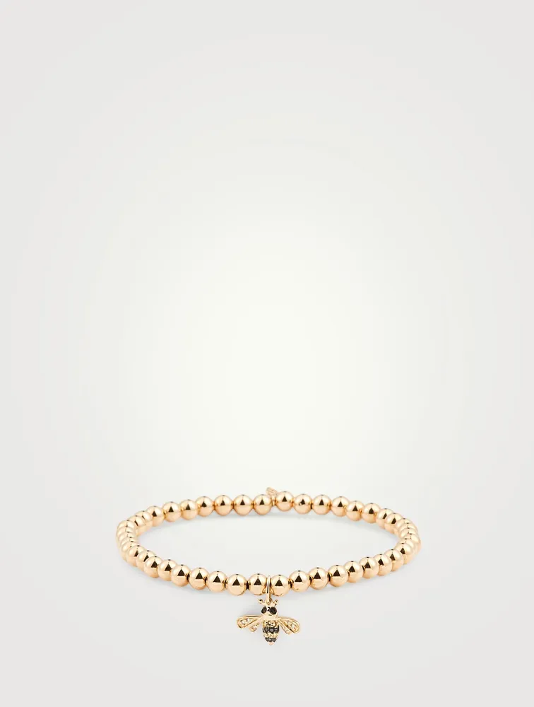14K Gold Beaded Bracelet With Small Sapphire & Diamond Bee Charm