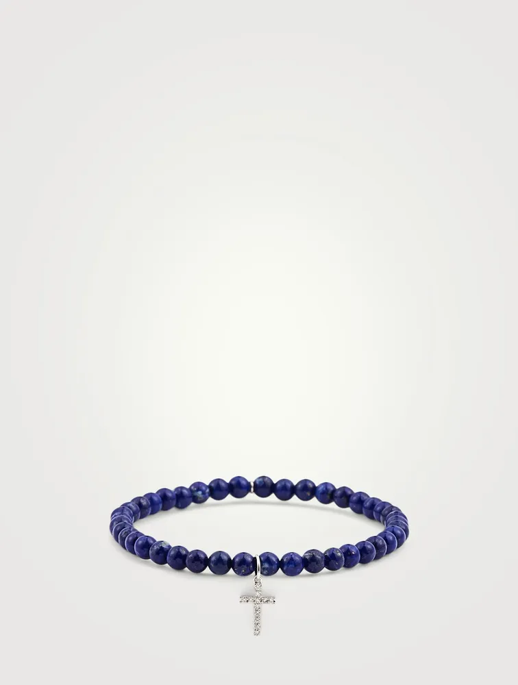 Lapis Beaded Bracelet With Small 14K White Gold Diamond Cross Charm