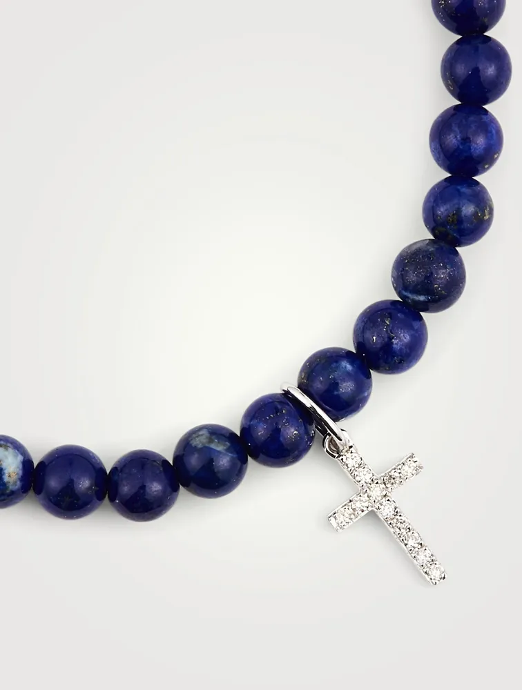 Lapis Beaded Bracelet With Small 14K White Gold Diamond Cross Charm