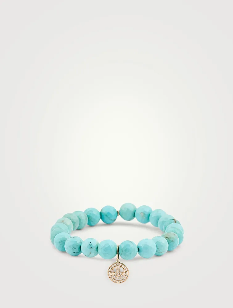Turquoise Matrix Beaded Bracelet With Pave Diamond Happy Face Charm