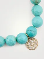 Turquoise Matrix Beaded Bracelet With Pave Diamond Happy Face Charm