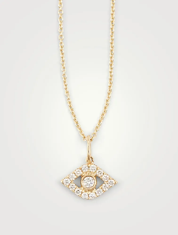 14K Gold Chain Necklace With Large Bezel Diamond Evil Eye Charm