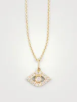 14K Gold Chain Necklace With Large Bezel Diamond Evil Eye Charm