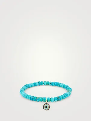 Turquoise Beaded Bracelet With 14K Gold & Enamel Sapphire Evil Eye Charm
