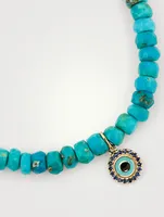 Turquoise Beaded Bracelet With 14K Gold & Enamel Sapphire Evil Eye Charm