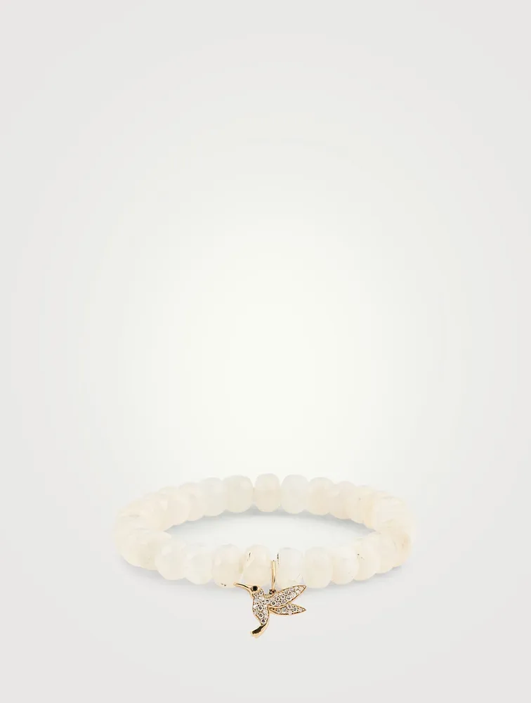 Rainbow Moonstone Beaded Bracelet With 14K Gold Diamond & Sapphire Hummingbird Charm