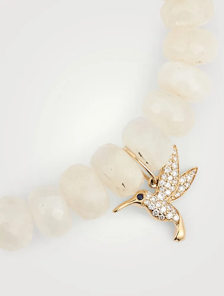 Rainbow Moonstone Beaded Bracelet With 14K Gold Diamond & Sapphire Hummingbird Charm