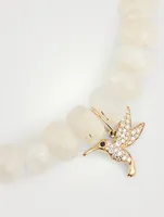 Rainbow Moonstone Beaded Bracelet With 14K Gold Diamond & Sapphire Hummingbird Charm