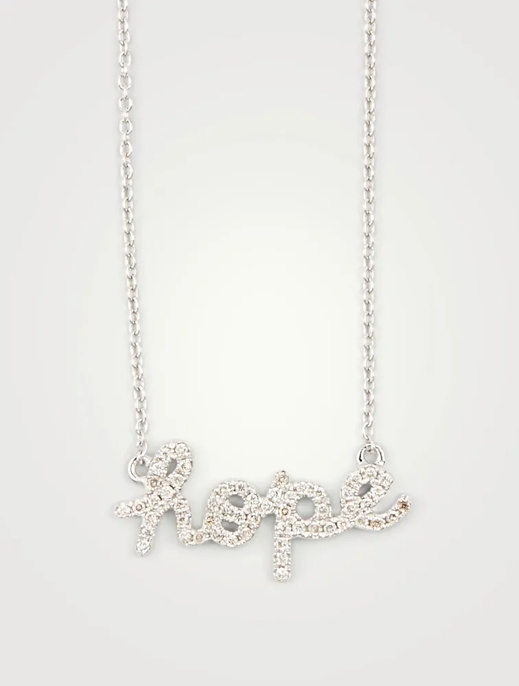 14K White Gold Chain Necklace With Small Diamond Hope Script