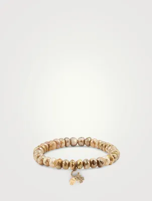 Golden Moonstone Beaded Bracelet With 14K Gold Diamond Lucky Charms