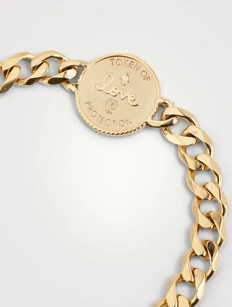 14K Gold Curb Chain Bracelet With Evil Eye Coin