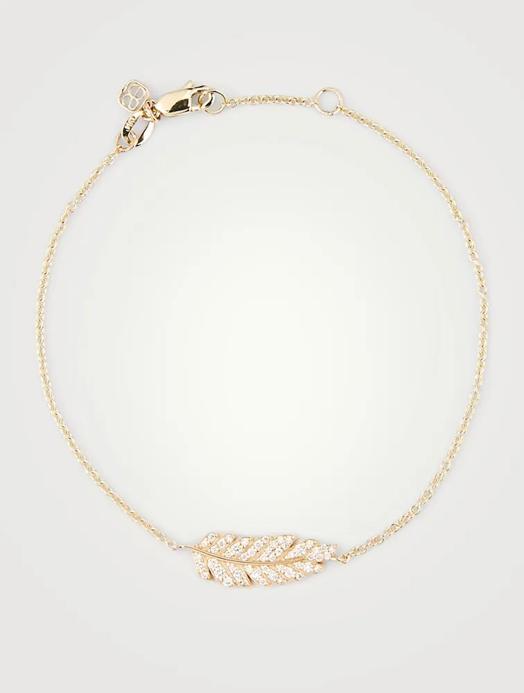 14K Gold Feather Chain Bracelet With Diamonds