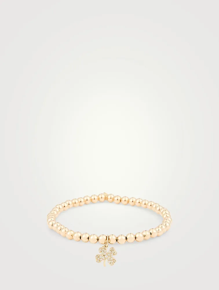 14K Gold Beaded Bracelet With Diamond Clover Charm