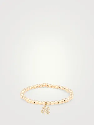 14K Gold Beaded Bracelet With Diamond Clover Charm