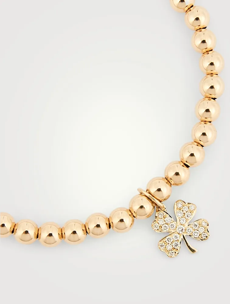 14K Gold Beaded Bracelet With Diamond Clover Charm