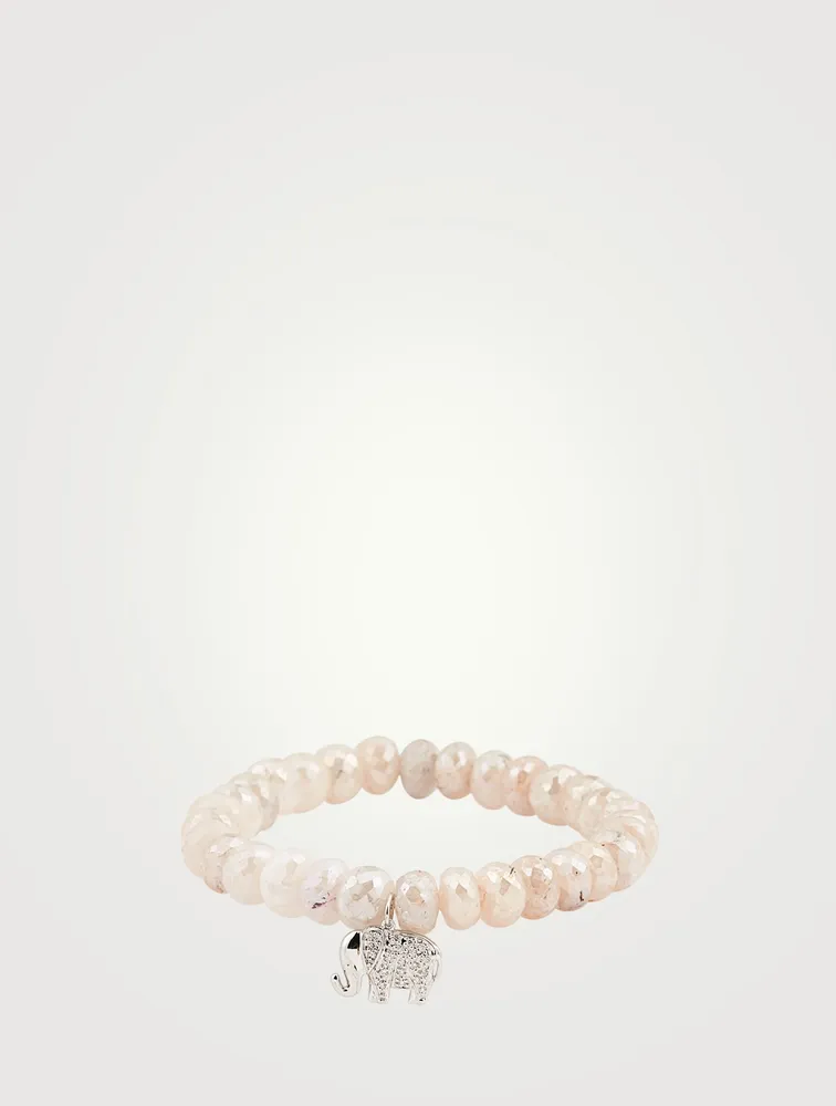 Mystic Blush Grapolite Beaded Bracelet With 14K White Gold Diamond Elephant Charm